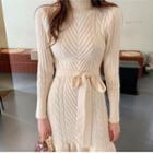 Turtleneck Long-sleeve Cable-knit A-line Dress Off-white - One Size