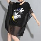 Mock Two-piece Printed Elbow-sleeve T-shirt Black - One Size