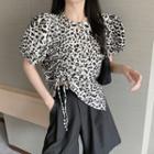 Puff Sleeve Drawstring Leopard T-shirt As Shown In Figure - One Size