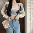 Set: Argyle Slim-fit Cardigan + Knit Tube Top Almond - One Size