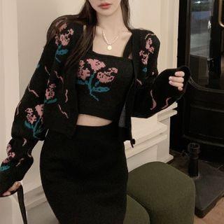 Set: Floral Jacquard Crop Camisole / Button-up Crop Cardigan Set Of 2 - Camisole & Cardigan - One Size