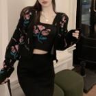 Set: Floral Jacquard Crop Camisole / Button-up Crop Cardigan Set Of 2 - Camisole & Cardigan - One Size