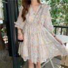 3/4-sleeve Floral Print A-line Chiffon Dress Floral - One Size
