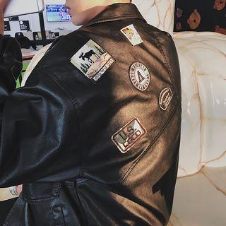 Patched Faux Leather Biker Jacket