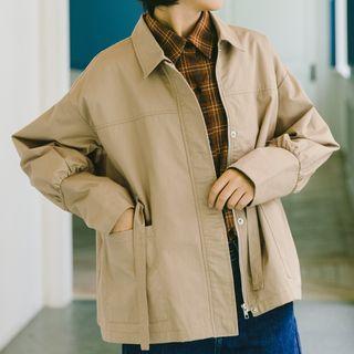 Plain Tie-waist Zip Jacket