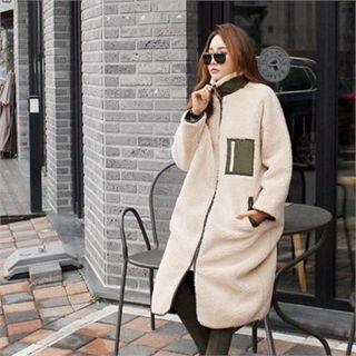 High-neck Contrast-trim Sherpa-fleece Coat