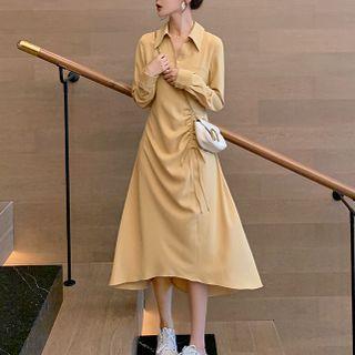 Collared Drawstring Midi A-line Dress