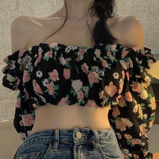 Off-shoulder Floral Cropped Blouse Floral - Black - One Size