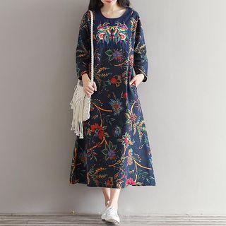 Embroidered Linen Cotton Long-sleeve Dress