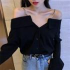 Long-sleeve Chained Off-shoulder Buttoned Top Black - One Size