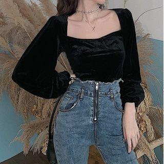 Long-sleeve Drawstring Detail Top Black - One Size