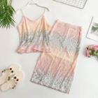 Set: Sequined Camisole Top + Midi Pencil Skirt Pink - One Size