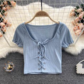 Plain Square-neck Lace-up Strap Short-sleeve Top