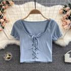 Plain Square-neck Lace-up Strap Short-sleeve Top