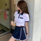 Short-sleeve Contrast Trim Crop Polo Shirt / Drawstring Skort