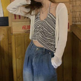 Set: Halter Neck Top + Cardigan Halter Top - Black & White / Cardigan - White - One Size