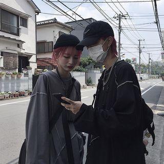 Couple Matching Contrast Trim Oversize Long-sleeve T-shirt
