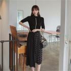 Set: Knit Top + Dotted Pleated Long Skirt Black - One Size