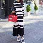 Long-sleeve Striped Midi Knit Dress Stripe - Black & White - One Size