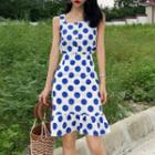 Set: Wide Strap Dotted Top + Flared Hem A-line Skirt
