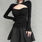 Long-sleeve Shoulder-padded Cutout Ruched Top