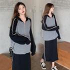 Set: Raglan Hooded Zip Jacket + Slit-hem Straight-cut Skirt