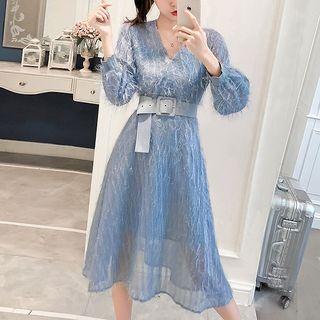 Puff-sleeve Fringed Midi Chiffon Dress