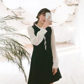 Tie-neck Tow-tone Flared Shirtdress