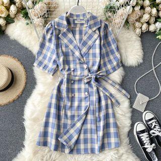 Plaid Short-sleeve Double-breasted Tie-waist A-line Blazer Dress