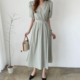 Short-sleeve V-neck Midi A-line Wrap Dress
