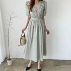 Short-sleeve V-neck Midi A-line Wrap Dress