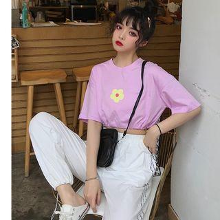 Flower Print Cropped Short-sleeve T-shirt / High Waist Harem Pants