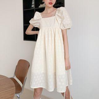 Puff-sleeve Square-neck Beaded Smock Dress
