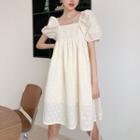 Puff-sleeve Square-neck Beaded Smock Dress