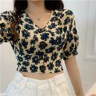 Short-sleeve Flower Print Buttoned Cropped Top As Shown In Figure - One Size