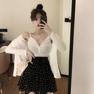 Button Jacket / Camisole / Mini Dotted A-line Skirt / Set
