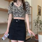 Short-sleeve Leopard Print Blouse / Mini Pencil Skirt