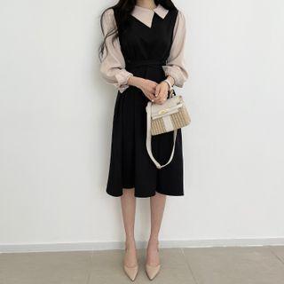 Puff-sleeve Irregular Lapel Panel Elastic-waist Dress