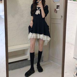 Sailor Short-sleeve A-line Dress Dark Blue - One Size