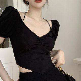 Puff-sleeve Chained Back Crop Blouse