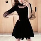 3/4-sleeve Mesh Paneled Velvet A-line Mini Dress