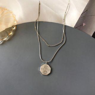 Lettering Geometric Pendant Layered Necklace 1 Pc - Silver - One Size