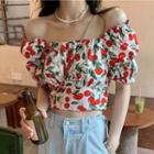 Puff-sleeve Square Neck Cherry Print Bow Back Blouse Cherry - Red & Green - One Size