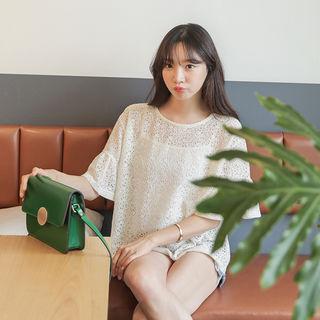 Ruffled Elbow-sleeve Lace Top