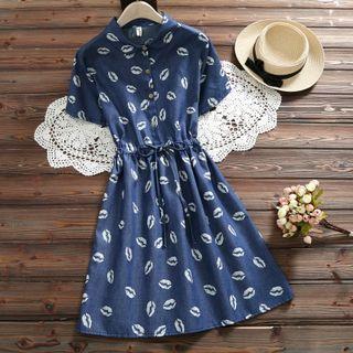 Printed Denim Short-sleeve A-line Dress