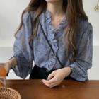 Ruffle-trim Balloon-sleeve Floral Blouse
