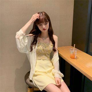 Spaghetti Strap Shirred Top / Fitted Mini Skirt / Light Jacket