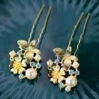 Faux Pearl Floral Hair Pin 1 Pair - Gold - One Size
