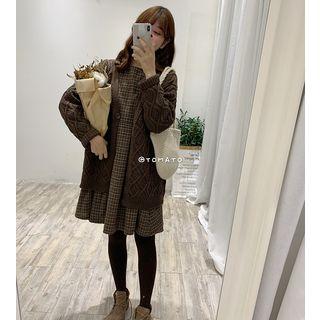 Long-sleeve Plaid A-line Dress Coffee - One Size