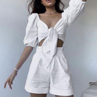 Set: Elbow-sleeve Tie-front Cropped Blouse + Shorts